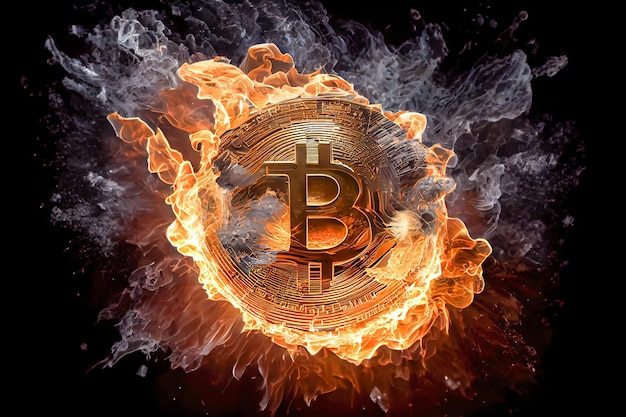 Burning bitcoin on a black background Generative AI Generative AI