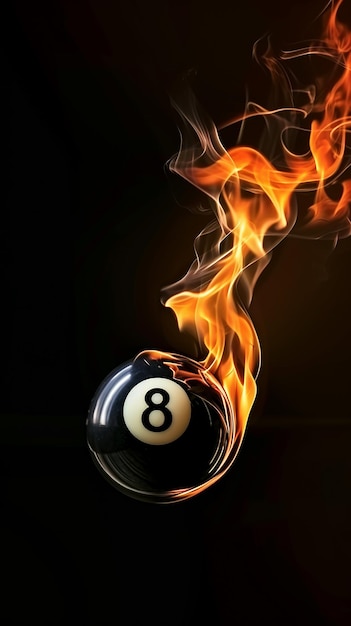 Burning black eight billiard ball on fire