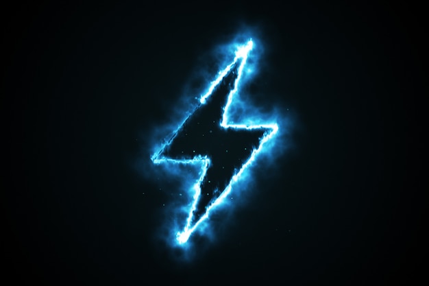 Burning blue flame lightning shape on black background, 3d illustration