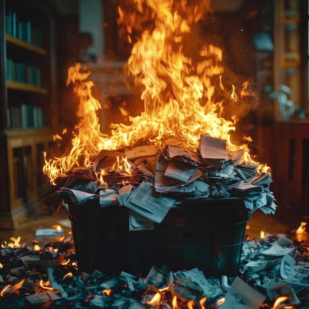 Burning books in a basket in the library interior