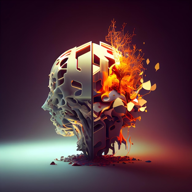 Burning brain in fire 3d rendering 3d illustration