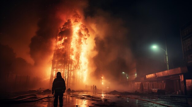 燃えている建物が1人の人によって水を噴射されたAI生成の画像