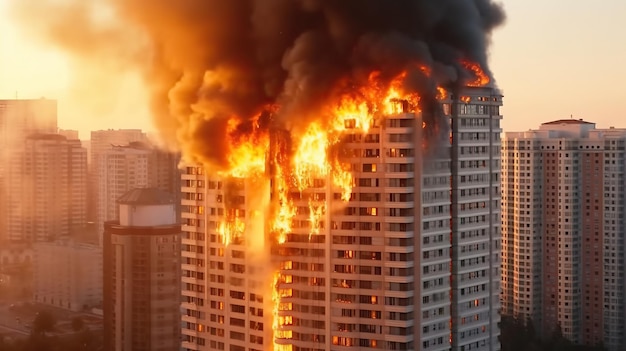 도시의 불타는 건물 재난의 개념 Generative AI