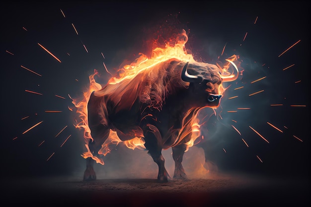 Burning bull on dark background Fire and smoke Generative AI