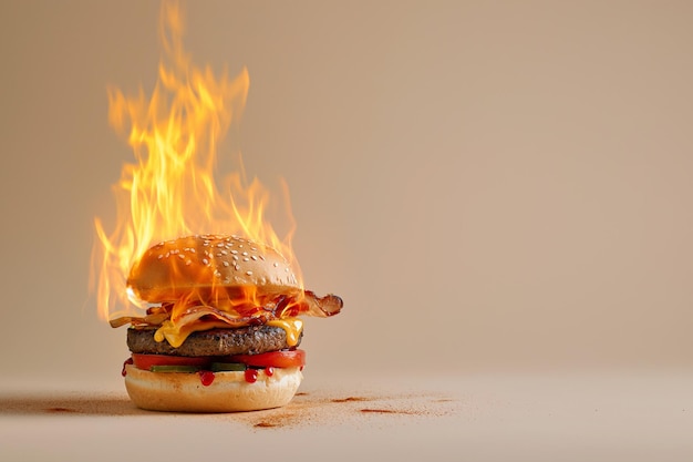 Burning burger cheeseburger on fire Hot hamburger in flames spicy food burning calories weight loss and healthy diet concept Fit motivation discipline regime healthy food choices burn fat