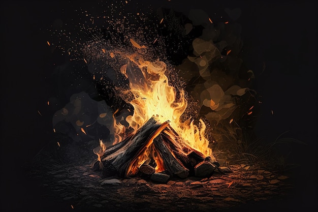 Burning campfire on a dark background generative ai