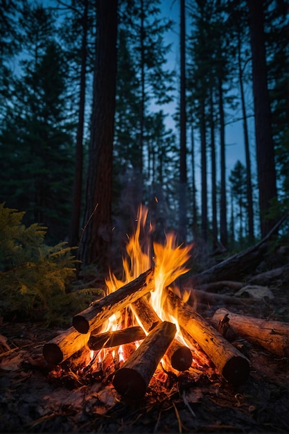 Photo burning campfire on a dark night in a forest