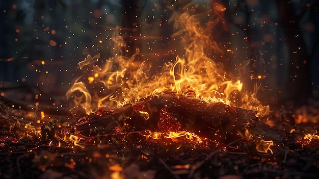 Burning campfire in the forest at night Closeup