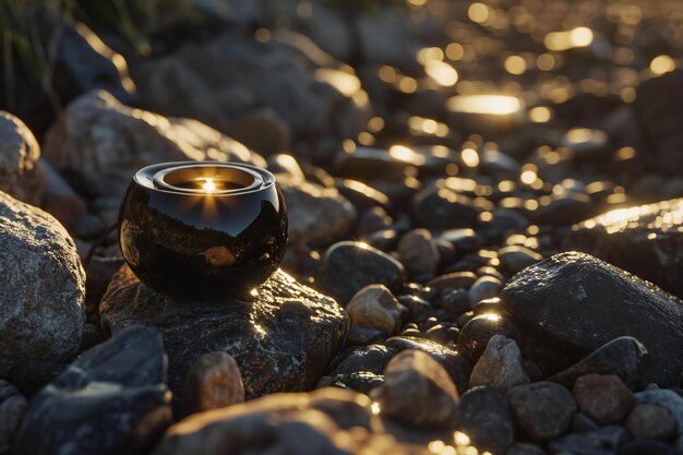 Photo burning candle on the beach at sunset selective focus