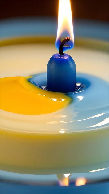 Burning candle in blue and yellow colors on black background