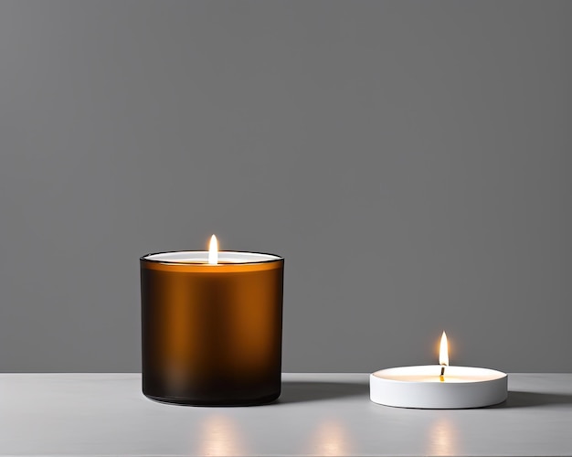 Burning candle and candles on table against dark
background