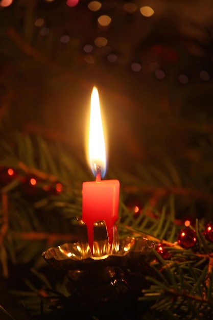 Burning candle in candlestick on firtree branches with Christmas decor