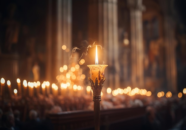 Горящая свеча на пасхальной службе в церкви