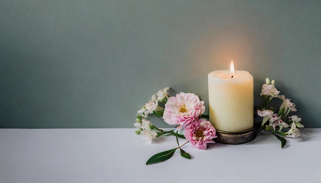 Burning candle and flowers on the table against wall copy space interior decor