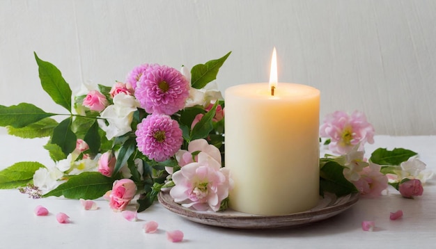 Burning candle and flowers on the table against wall copy space interior decor