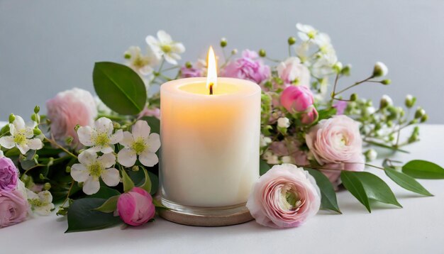 Burning candle and flowers on the table against wall copy space interior decor