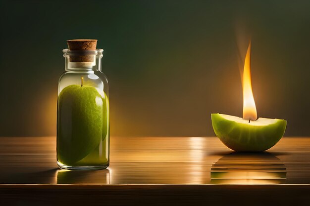 Photo burning candle on fruit aroma oil bottle