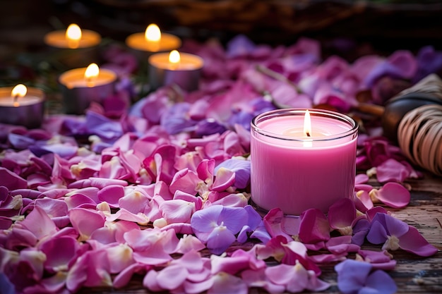 Burning candle in a glass between pink and purple flower petals