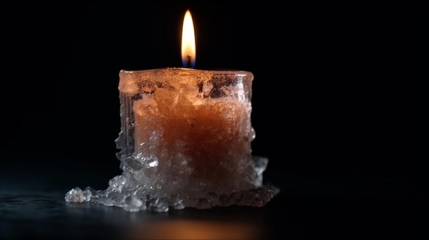 Burning candle in the ice on a black background with drops of watergenerative ai