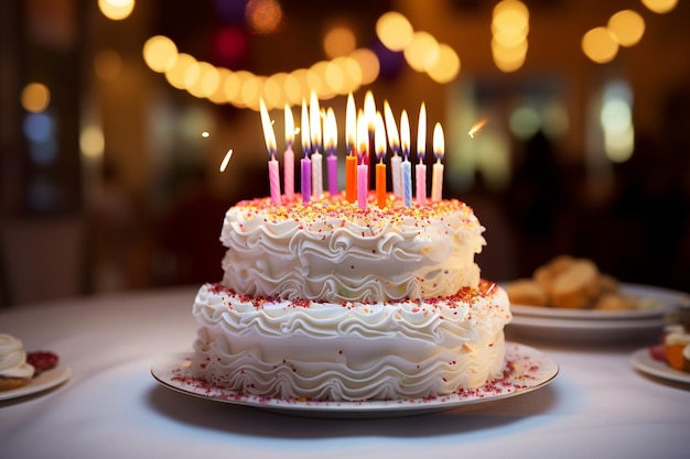 燃えるろうそくが甘い誕生日ケーキを照らす 容の祝い