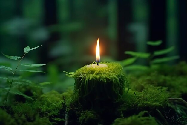 Burning candle on moss dark green blurred the natural background magic candle generative ai