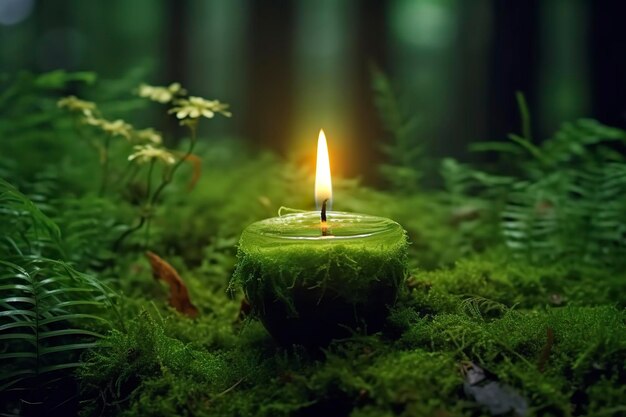 Burning candle on moss dark green blurred the natural background Magic candle Generative AI