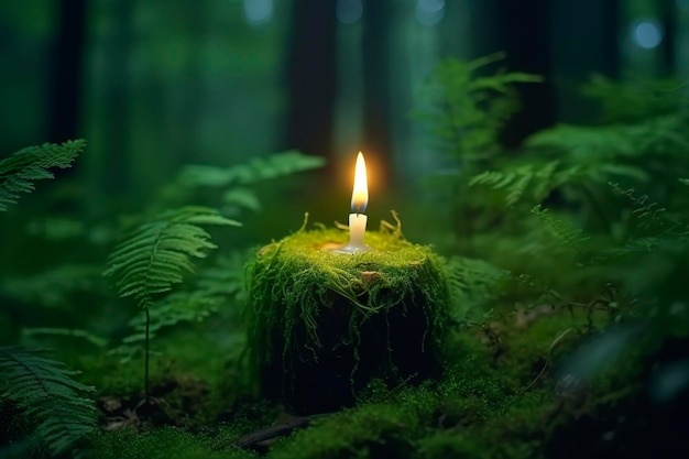 Burning candle on moss dark green blurred the natural background Magic candle Generative AI