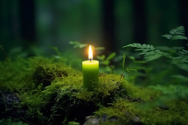 Burning candle on moss dark green blurred the natural background Magic candle Generative AI