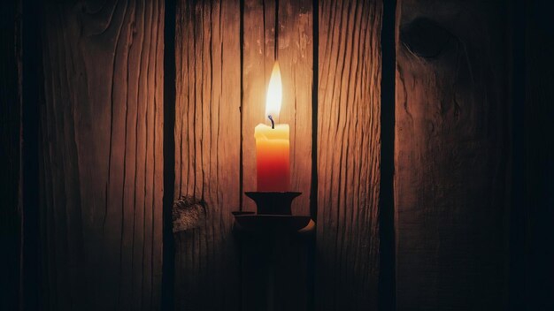 Burning candle on old wooden wall