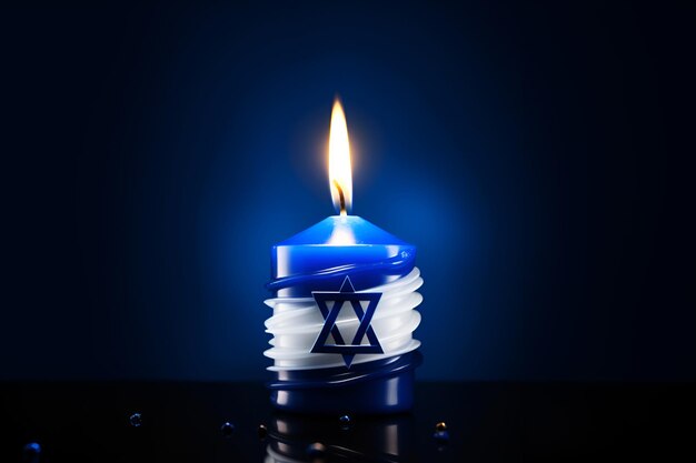 Burning candle with flag of Israel Israeli flag memorial day Star of David on a burning candle dark background copy space Symbol of sorrow respect nationality and patriotism