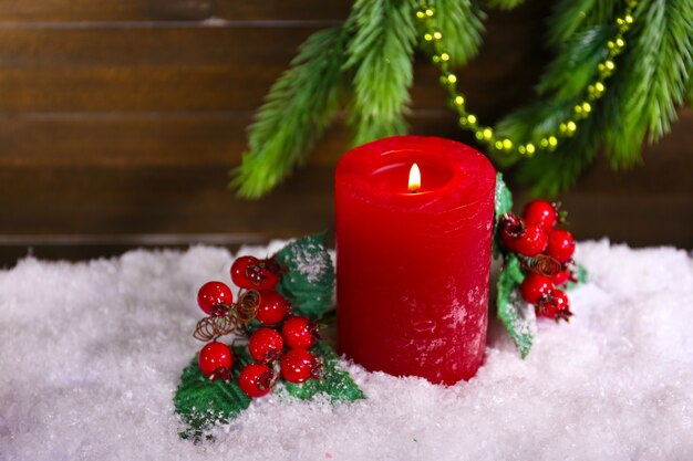 Burning candle on wooden background