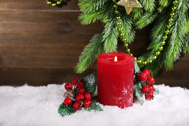 Burning candle on wooden background