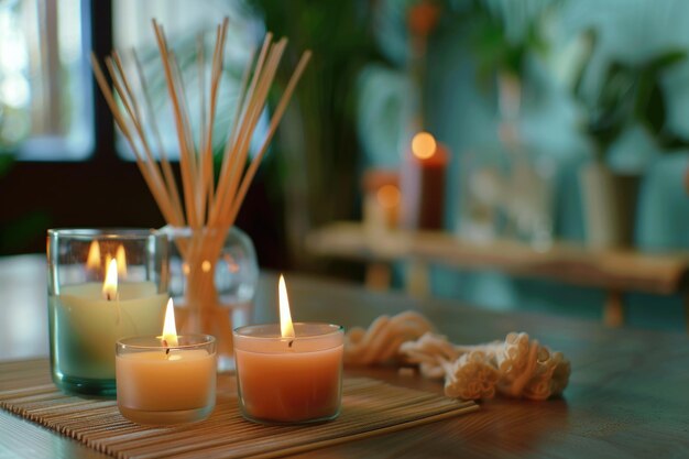 Burning candles and aromatic reed freshener on table in spa salon space for text