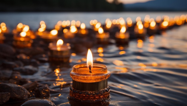 저녁에 호숫가에서 불타는 촛불