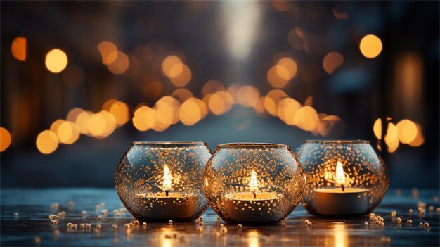 Photo burning candles on bokeh background christmas and new year concept