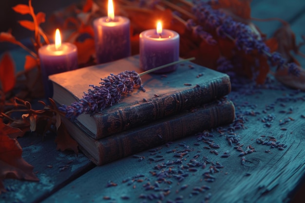 Книга с горящими свечами и лаванда эстетическая осенняя фотография