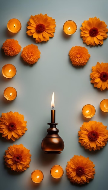 Burning candles and calendula flowers on a blue background