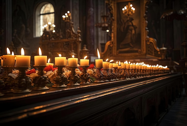 burning candles in the church in the style of dark white and light bronze