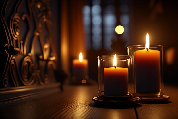 Burning candles in dark interior