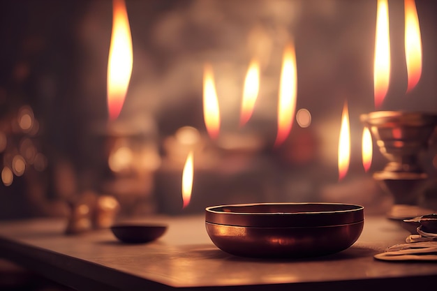 Burning candles on dark surface 3D rendering raster illustration