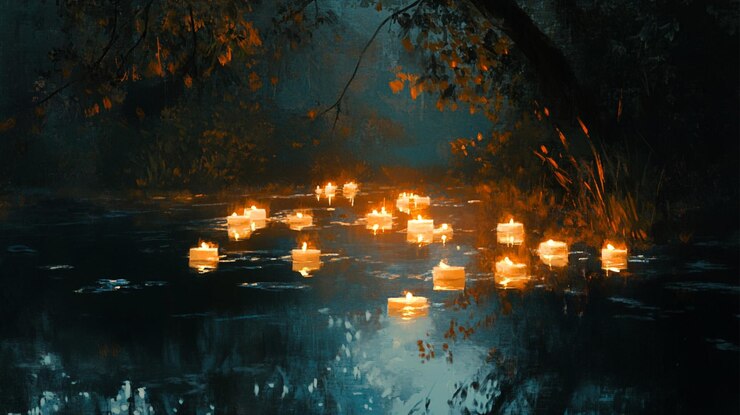 Burning candles on dark surface Memory day