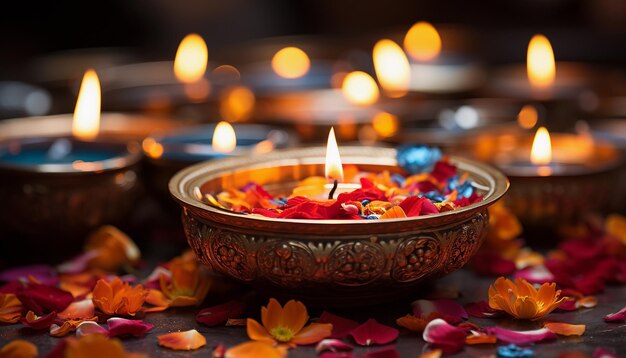 Burning candles and flower petals in bowl on wooden background