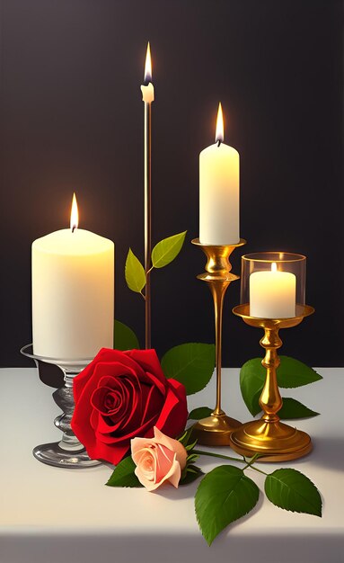 Photo burning candles and flowers on table against black background
