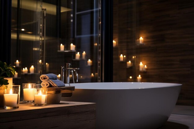 Фото Горящие свечи в ванной в темноте.
