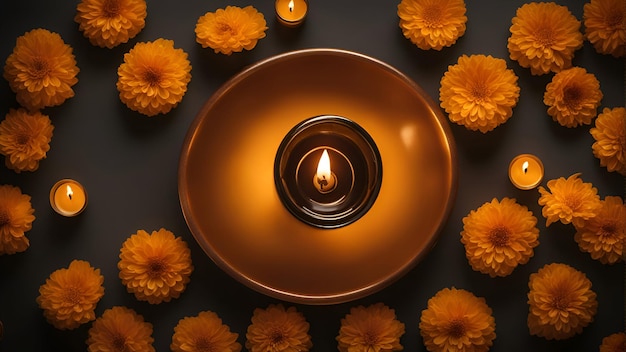 Burning candles and marigold flowers on dark background top view