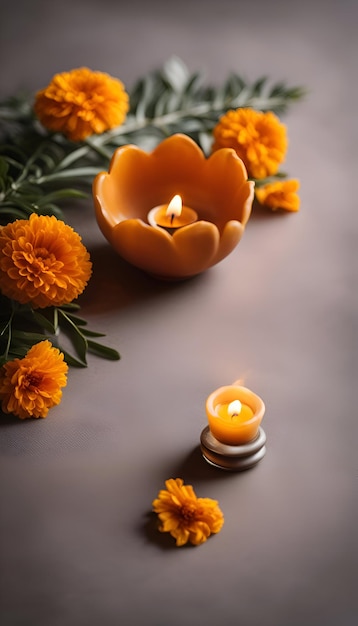 Burning candles and marigold flowers on a dark background