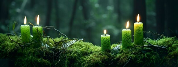 Burning candles on moss dark green blurred the natural background magic candle generative ai