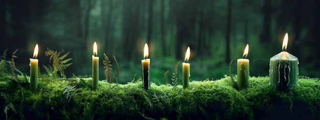 Burning candles on moss dark green blurred the natural background Magic candle Generative AI