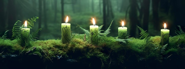 Burning candles on moss dark green blurred the natural background Magic candle Generative AI