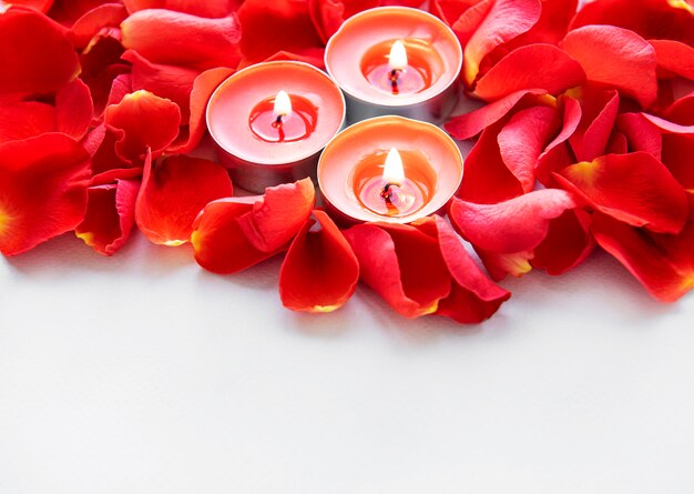 Burning candles in rose petals